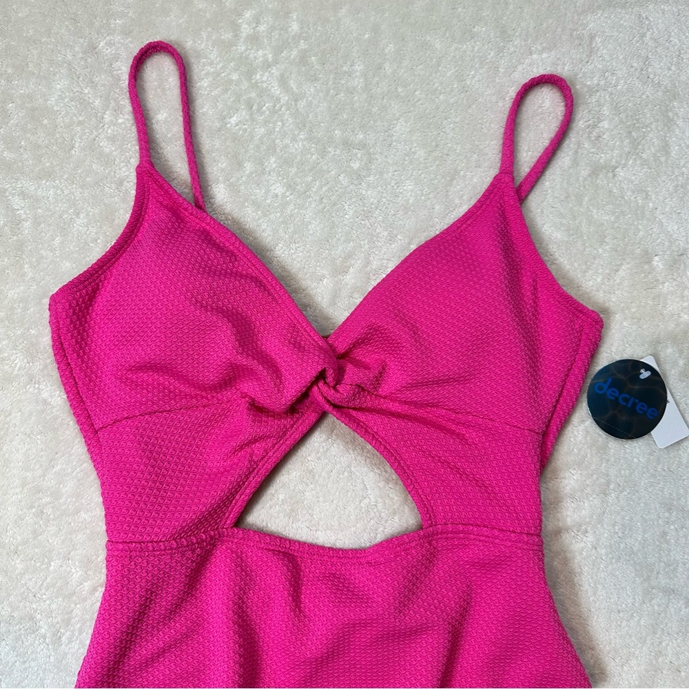 Decree Pink Tropical Getaway Vacation Cut Out Super Cheeky One Piece Swimsuit - Picture 2 of 9